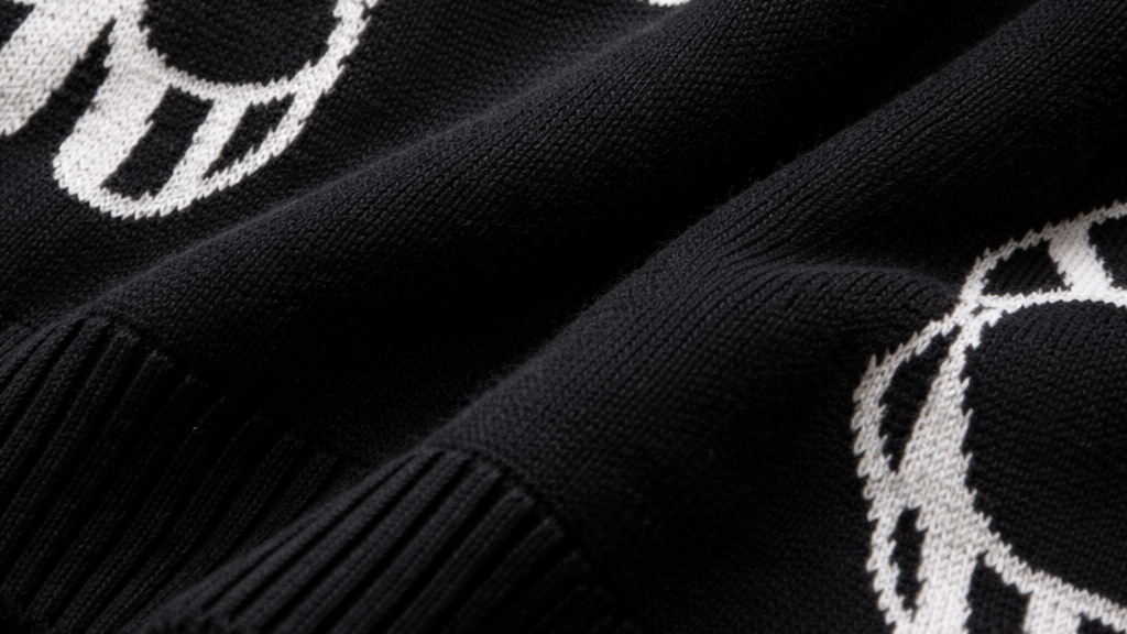 Close-up of a black sweater with white skull designs.