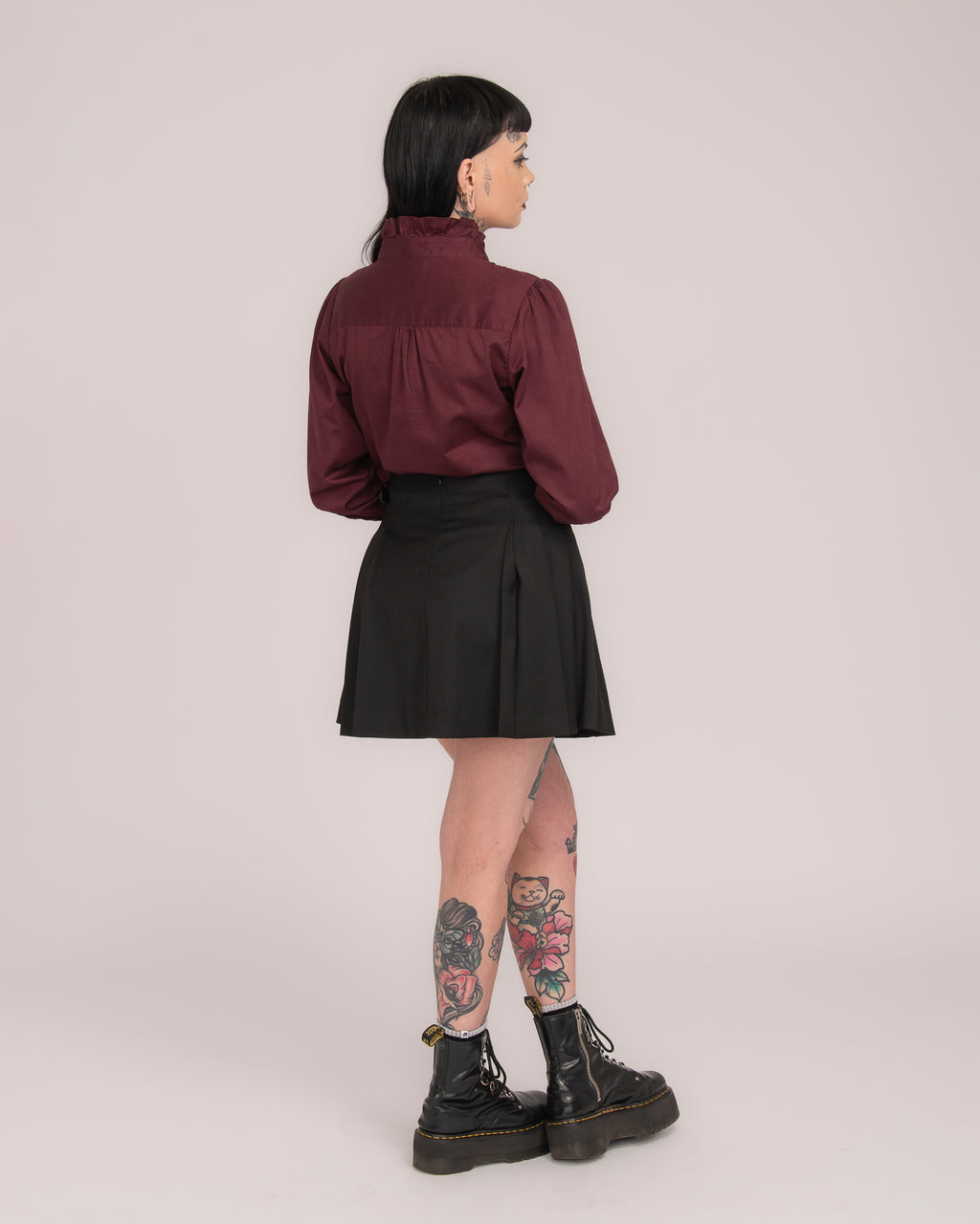 Cotton Sateen Frill Shirt - Wine