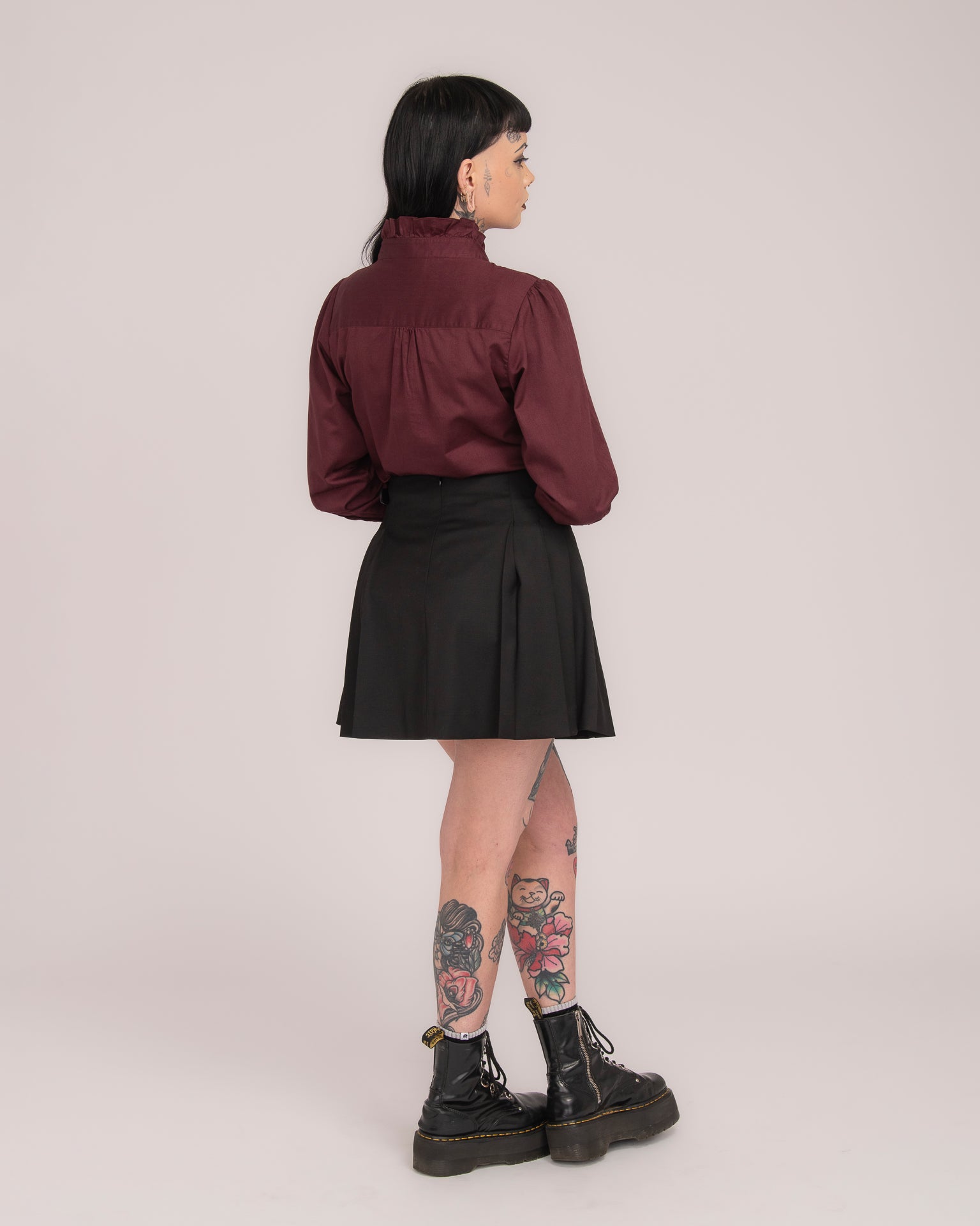 Cotton Sateen Frill Shirt - Wine
