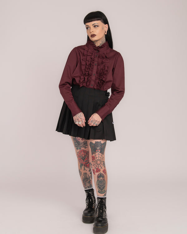 Cotton Sateen Frill Shirt - Wine