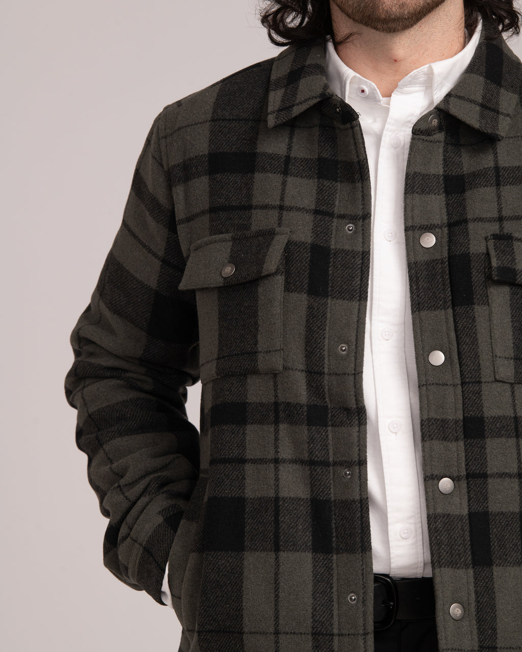 Unisex Wool Blend Check Shacket - Forest
