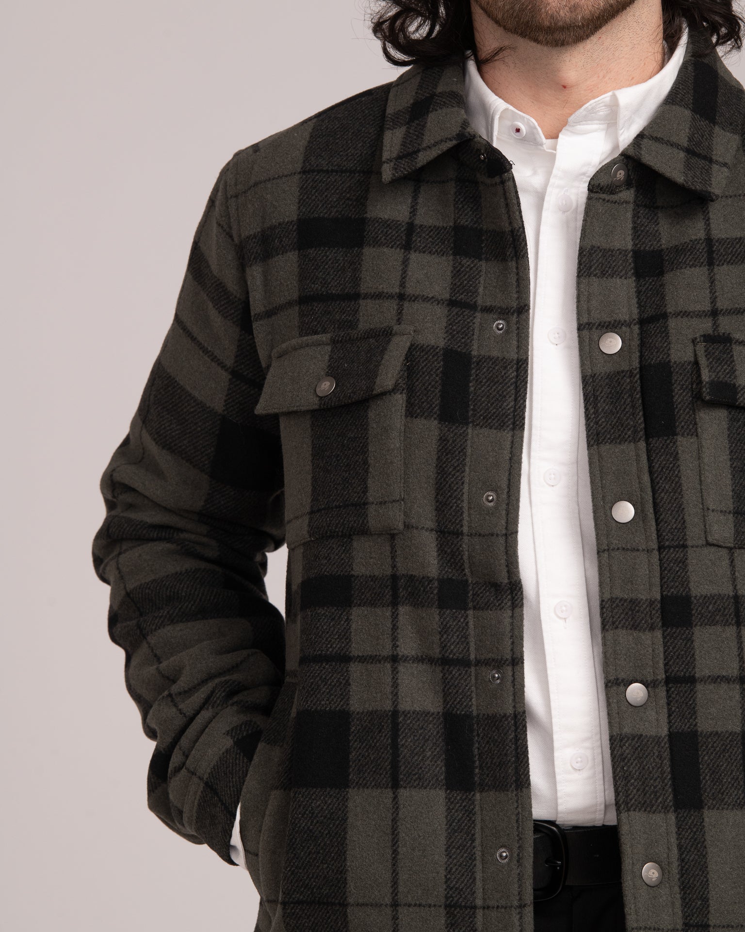 Unisex Wool Blend Check Shacket - Forest