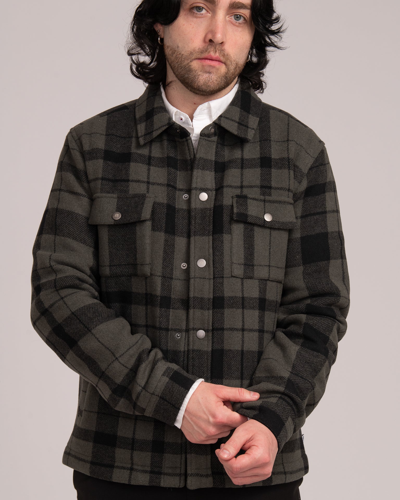 Unisex Wool Blend Check Shacket - Forest