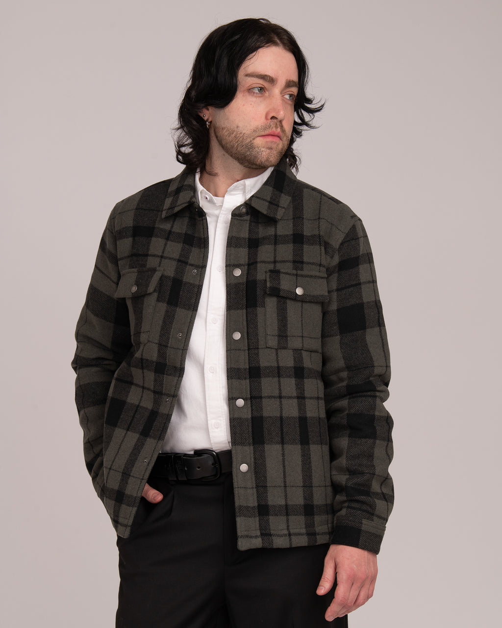 Unisex Wool Blend Check Shacket - Forest