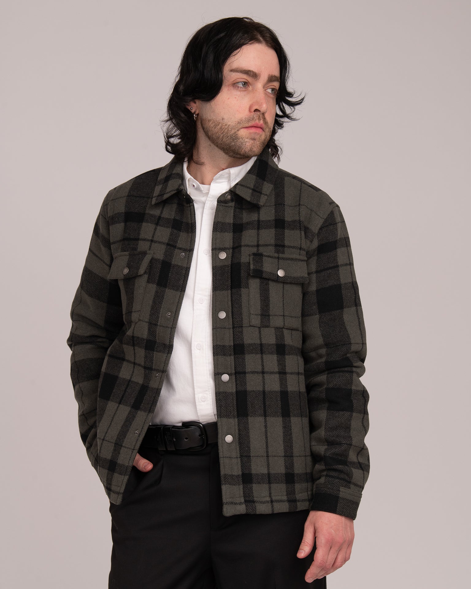 Unisex Wool Blend Check Shacket - Forest