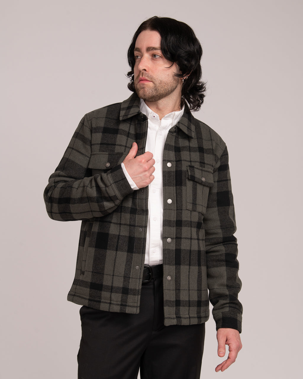 Unisex Wool Blend Check Shacket - Forest