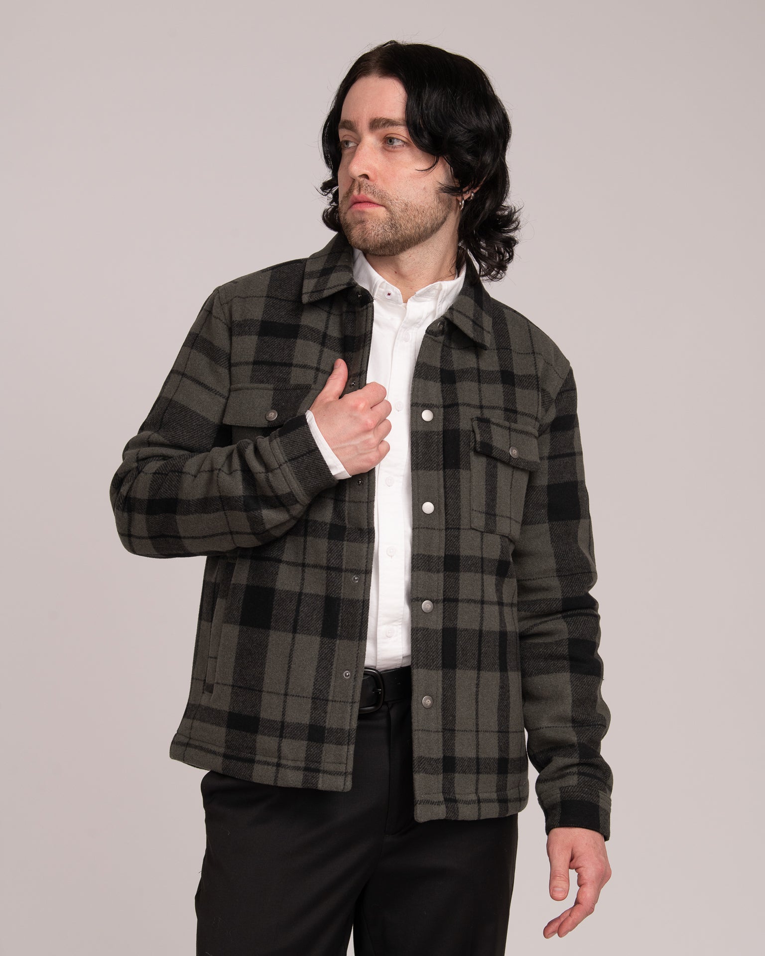Unisex Wool Blend Check Shacket - Forest