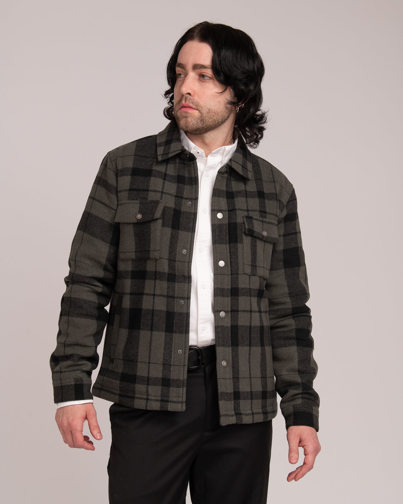 Unisex Wool Blend Check Shacket - Forest
