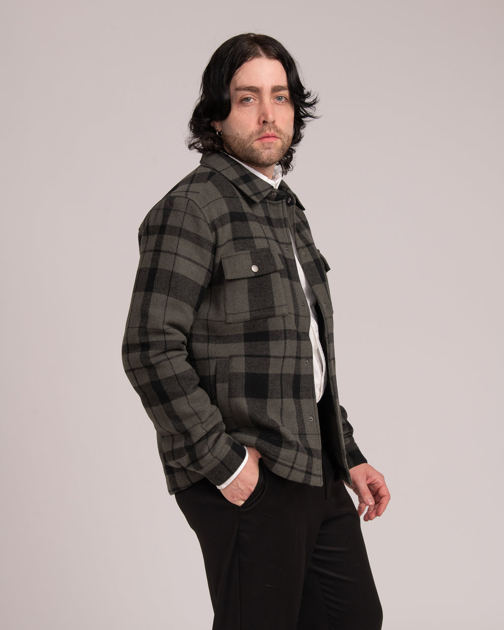 Unisex Wool Blend Check Shacket - Forest
