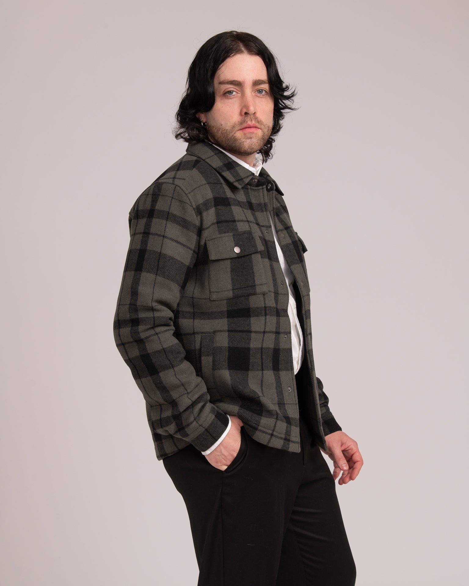 Unisex Wool Blend Check Shacket - Forest