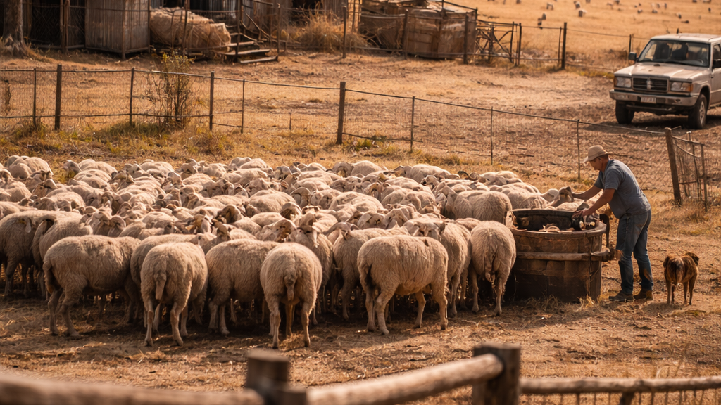 Shepherd tending to a flock of sheep on a rural farm with a scenic landscape.