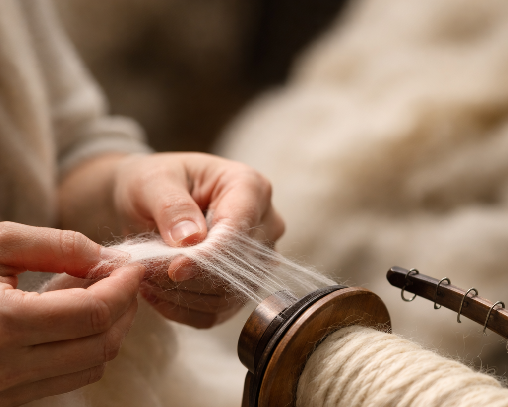 Person spinning yarn on a wooden spindle with a soft, blurred background