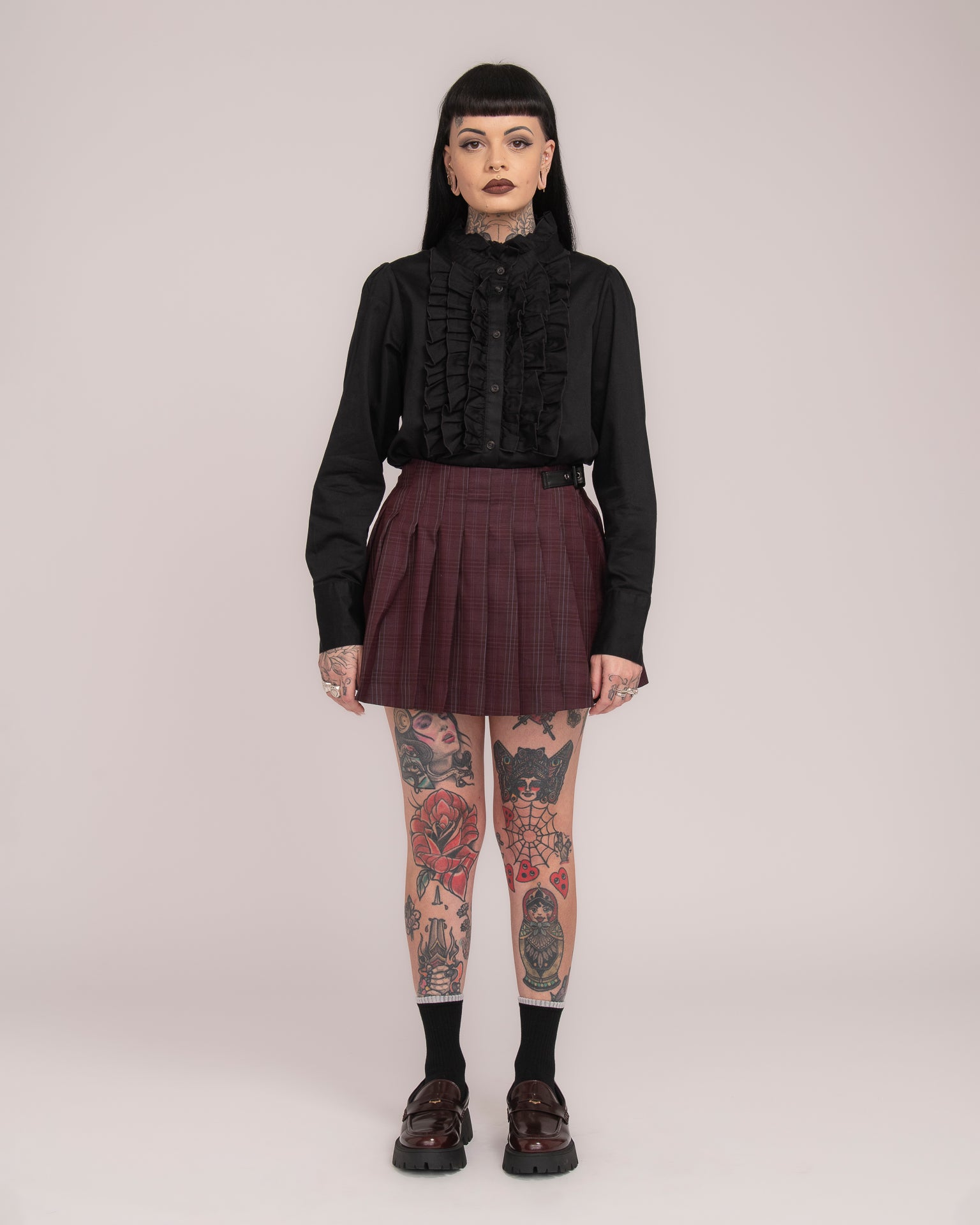 Wool Tartan Pleated Mini Skirt - Wine