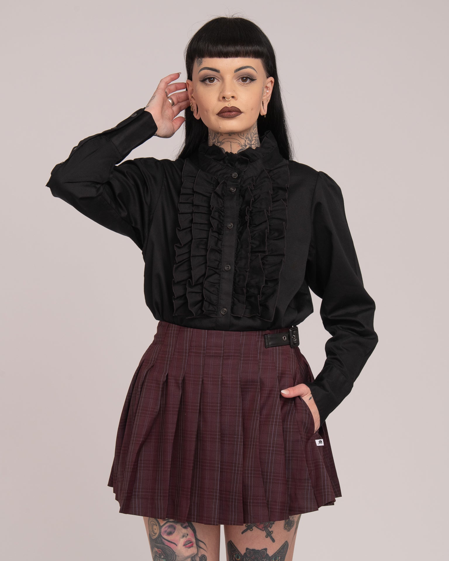 Wool Tartan Pleated Mini Skirt - Wine