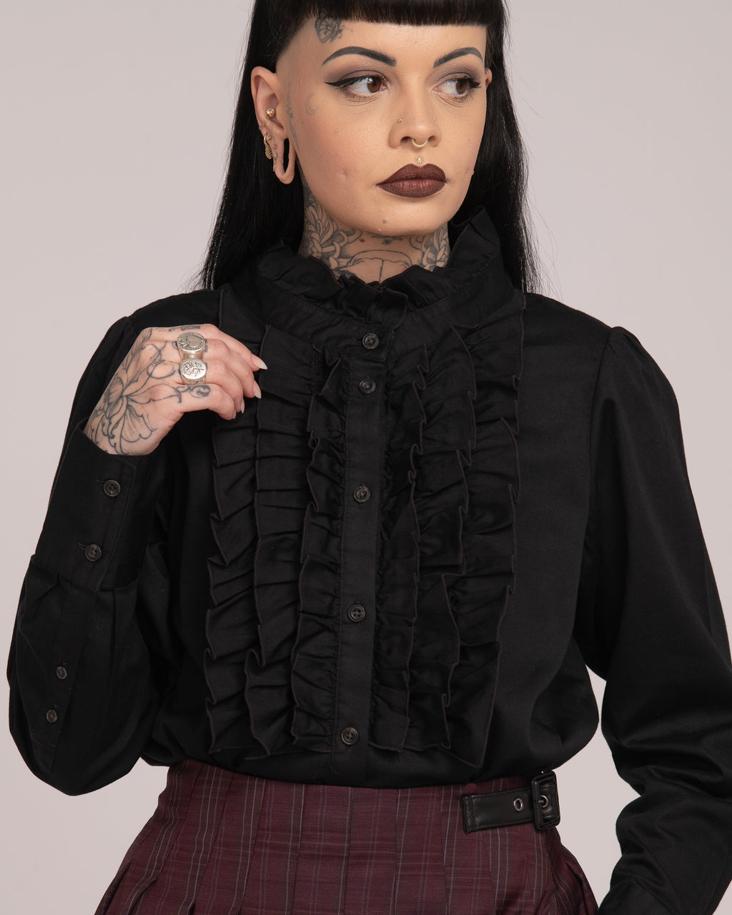 Cotton Sateen Frill Shirt - Black