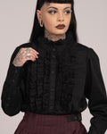 Cotton Sateen Frill Shirt - Black