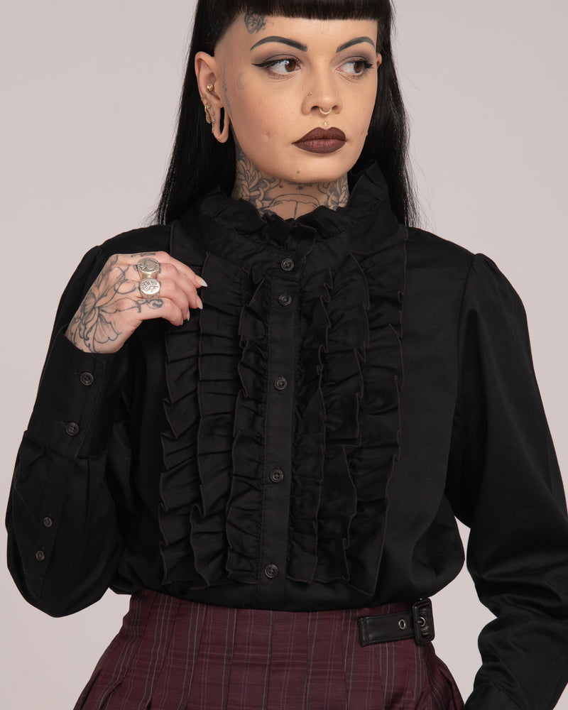 Cotton Sateen Frill Shirt - Black