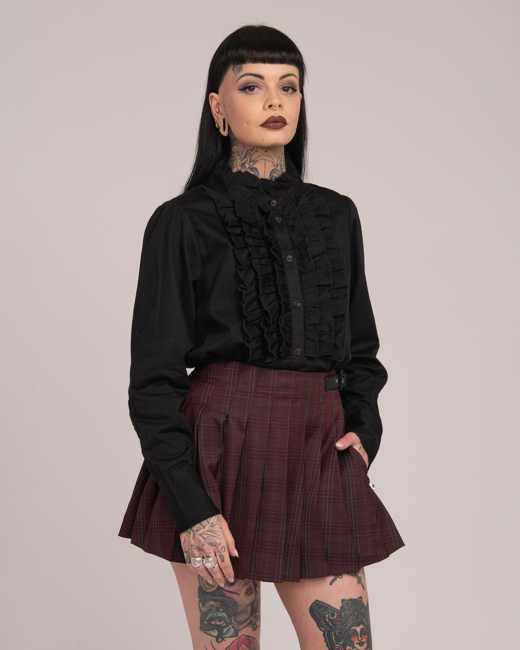 Cotton Sateen Frill Shirt - Black