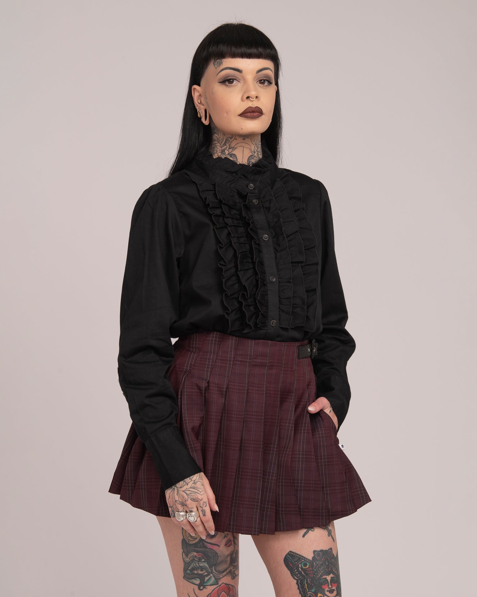 Cotton Sateen Frill Shirt - Black