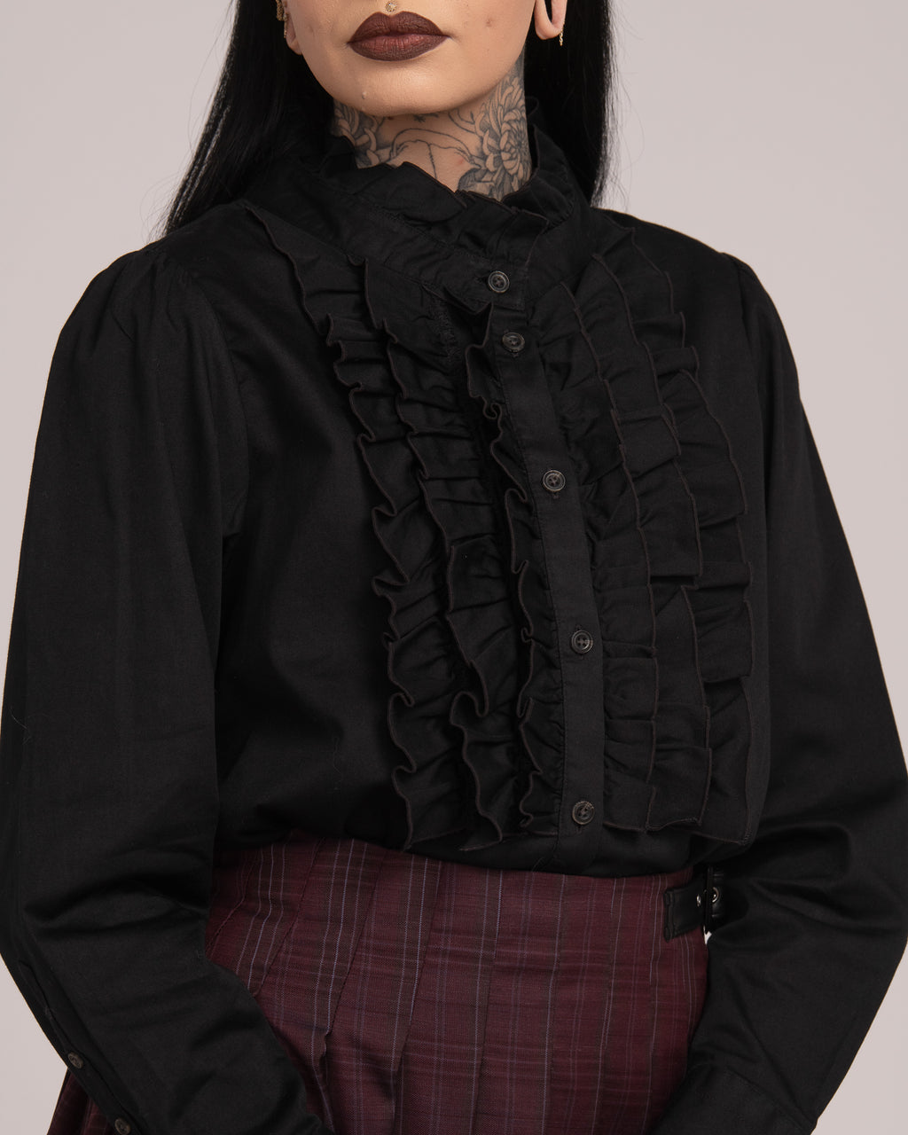 Cotton Sateen Frill Shirt - Black