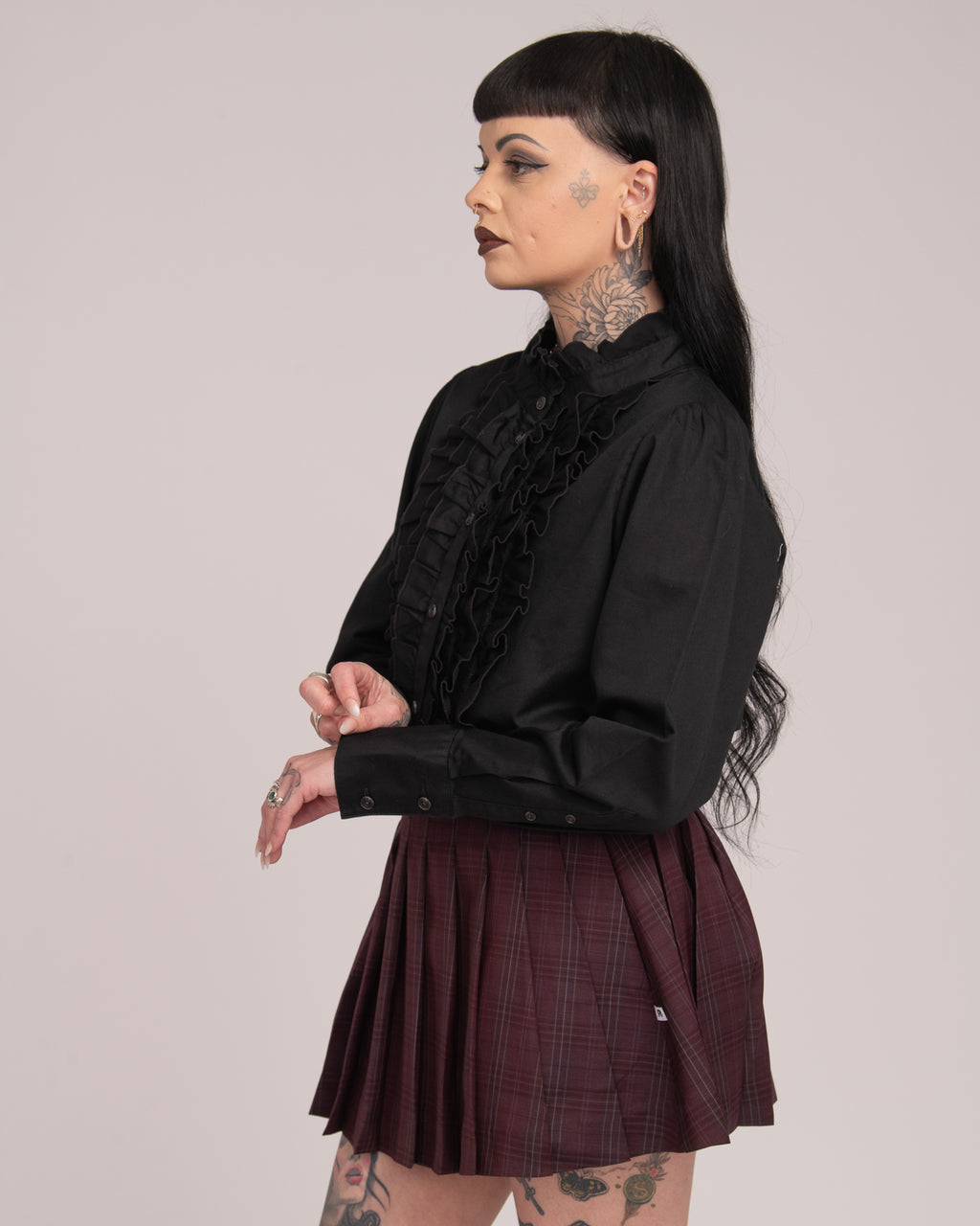 Cotton Sateen Frill Shirt - Black