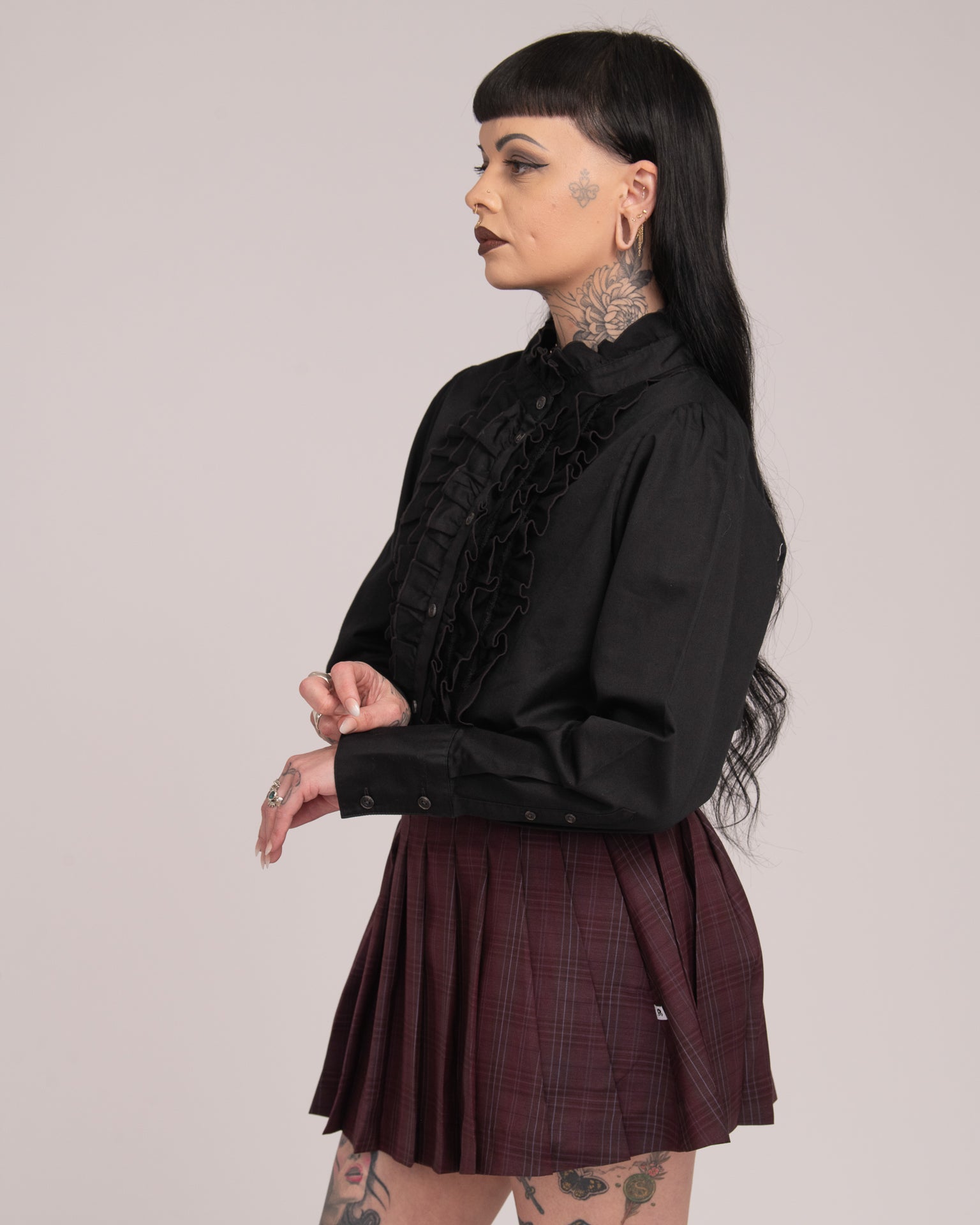Cotton Sateen Frill Shirt - Black