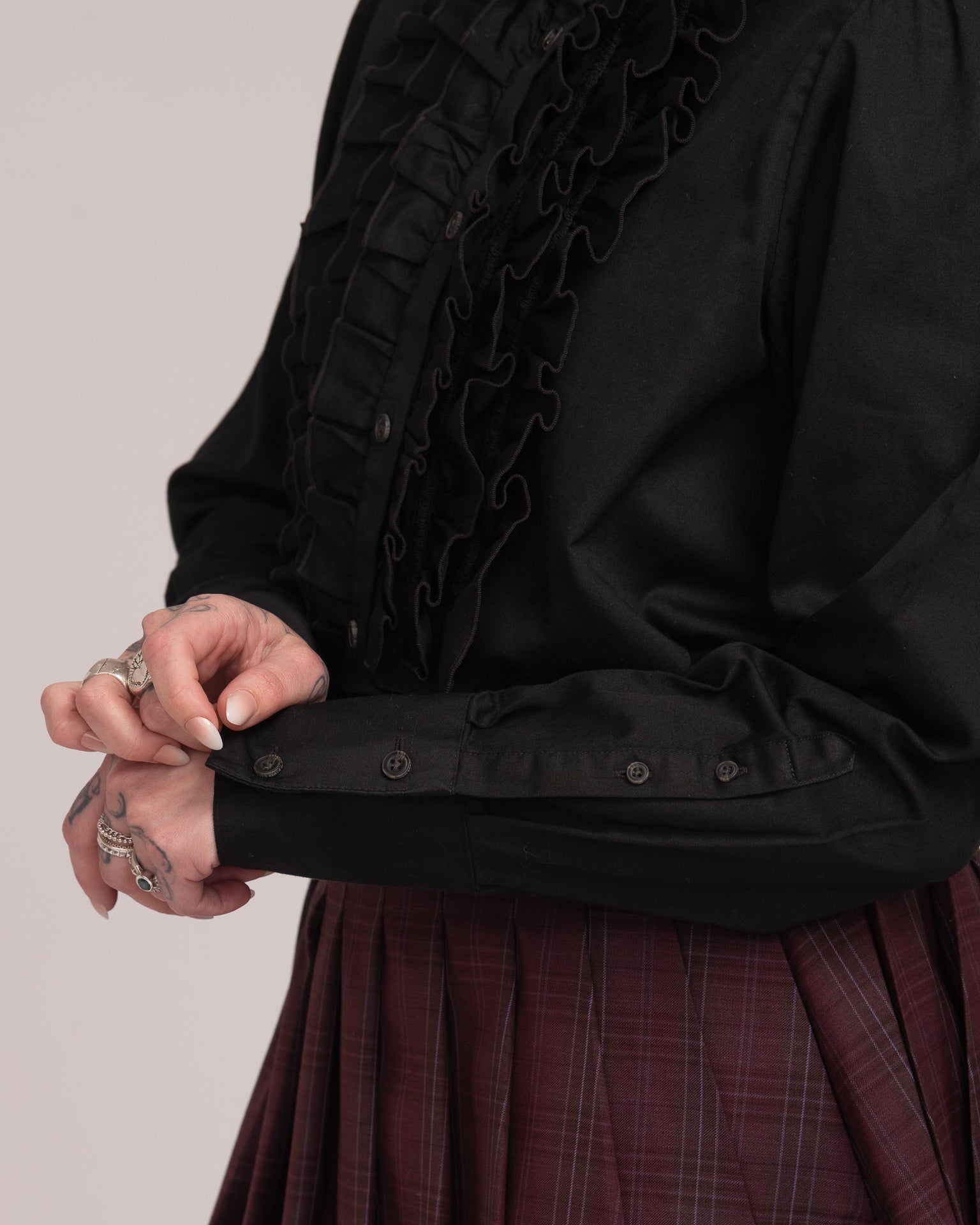 Cotton Sateen Frill Shirt - Black