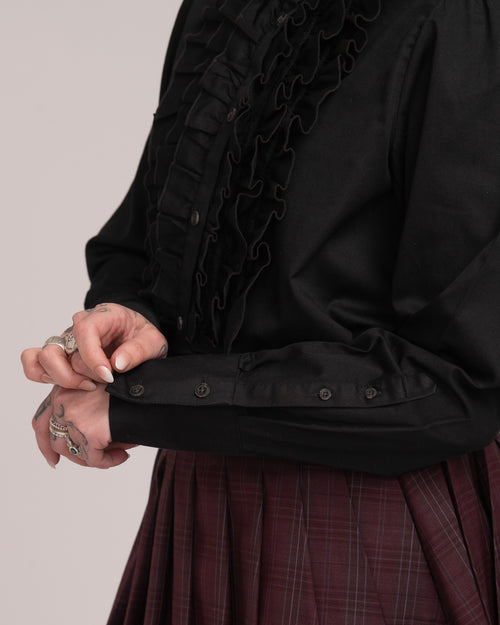 Cotton Sateen Frill Shirt - Black