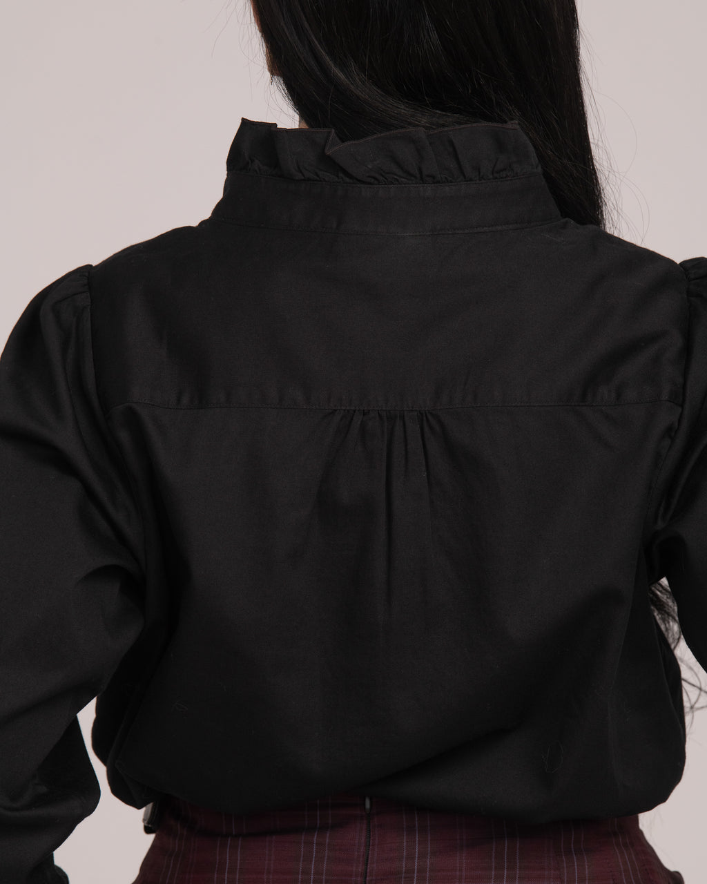 Cotton Sateen Frill Shirt - Black