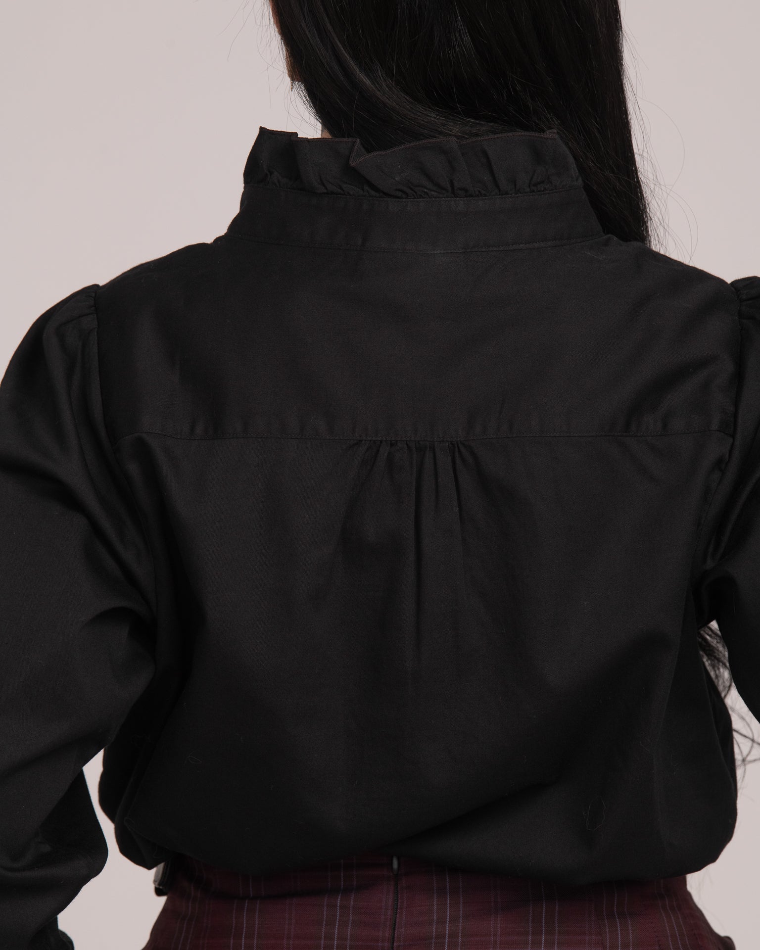 Cotton Sateen Frill Shirt - Black