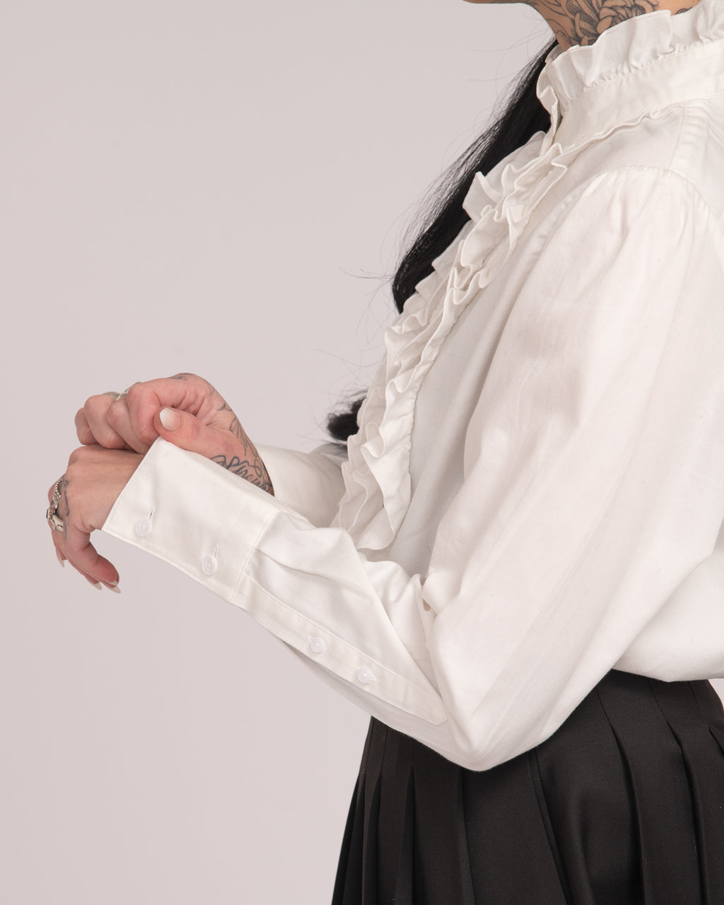 Cotton Sateen Frill Shirt - White