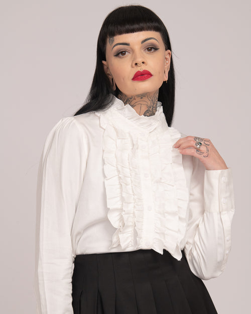 Cotton Sateen Frill Shirt - White