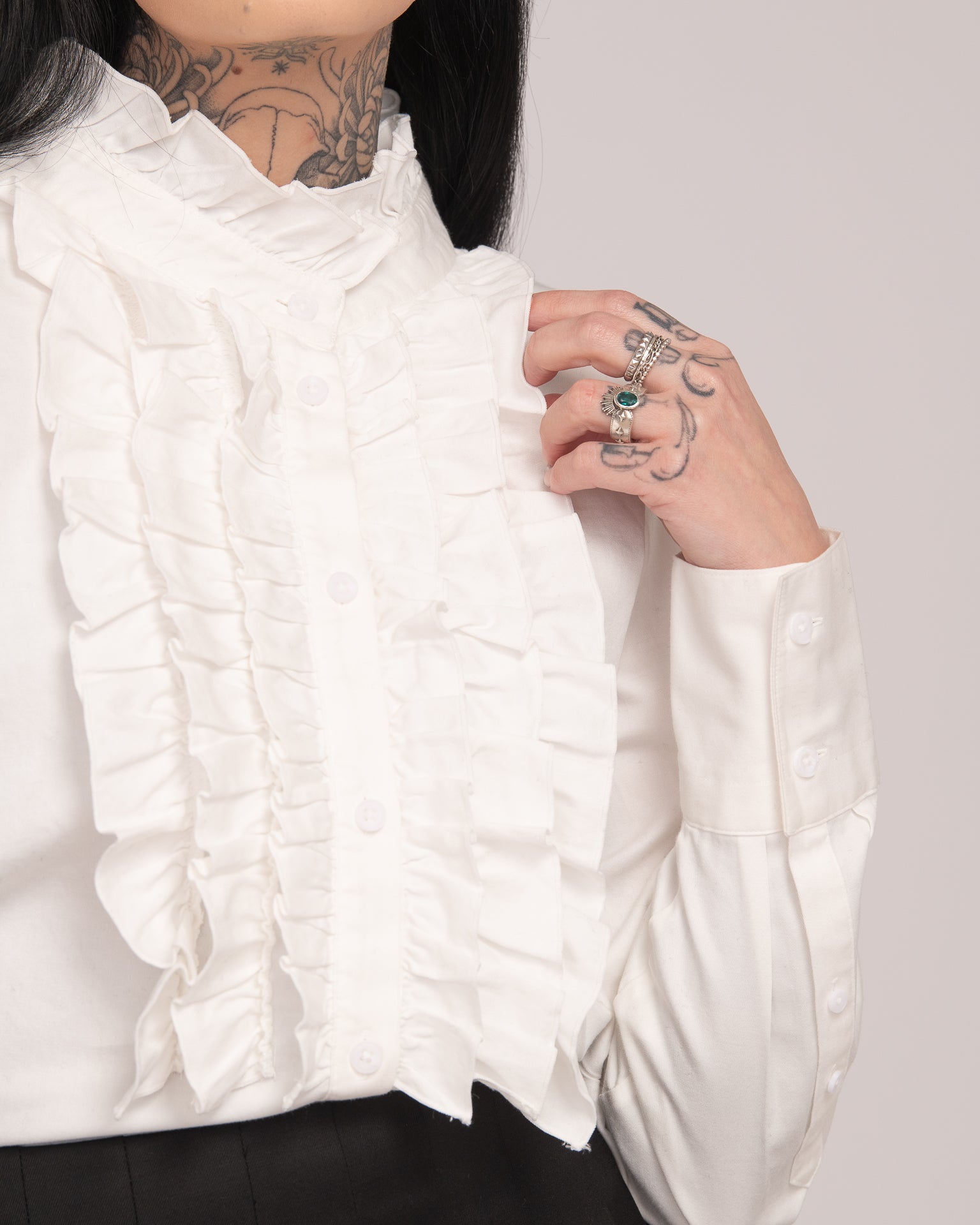 Cotton Sateen Frill Shirt - White