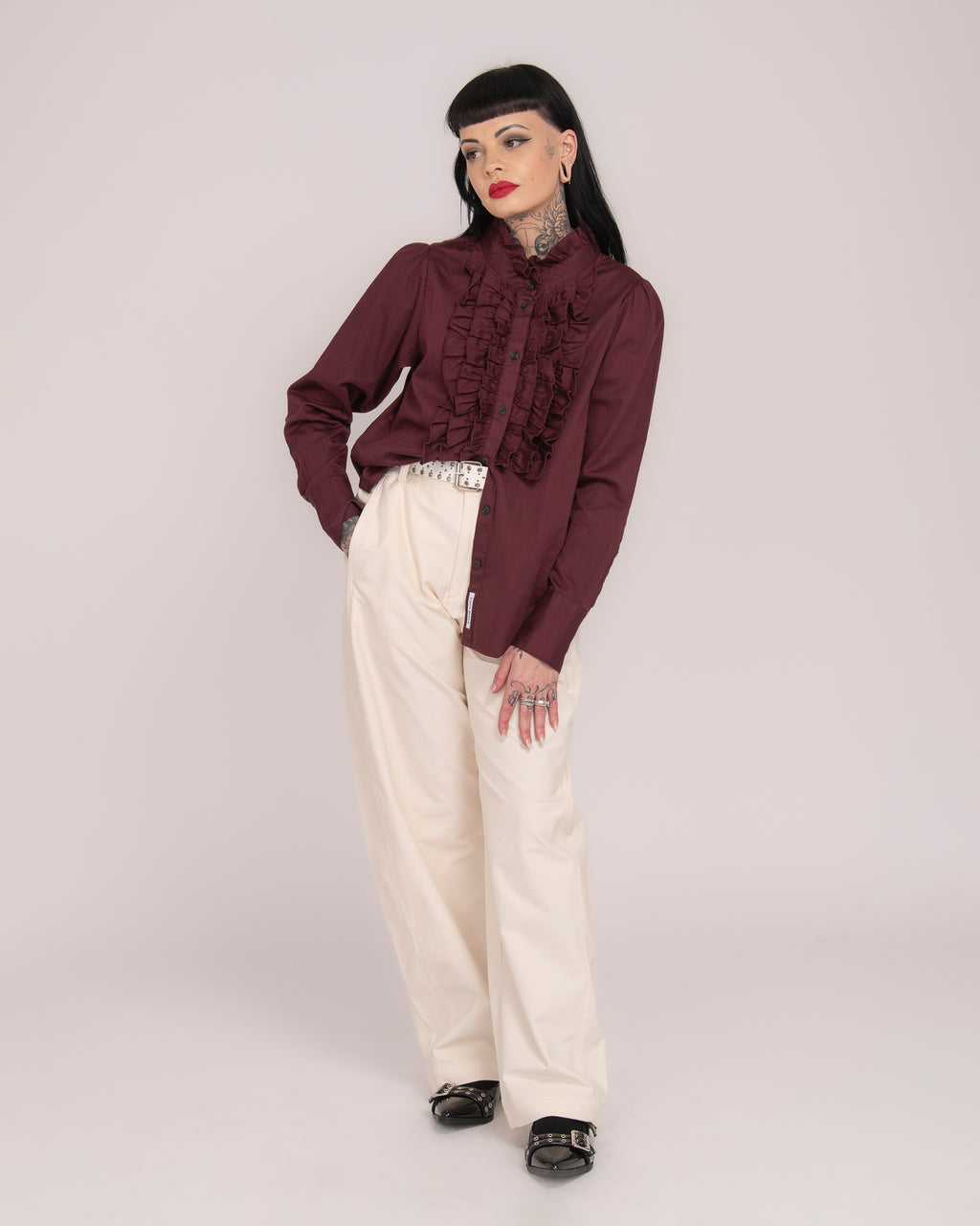 Cotton Sateen Frill Shirt - Wine