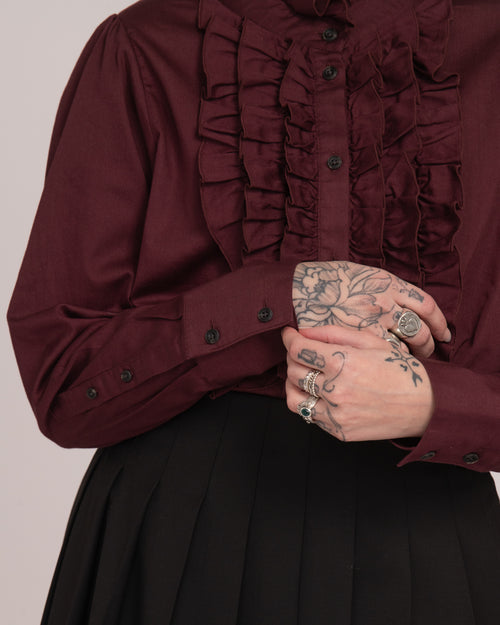 Cotton Sateen Frill Shirt - Wine