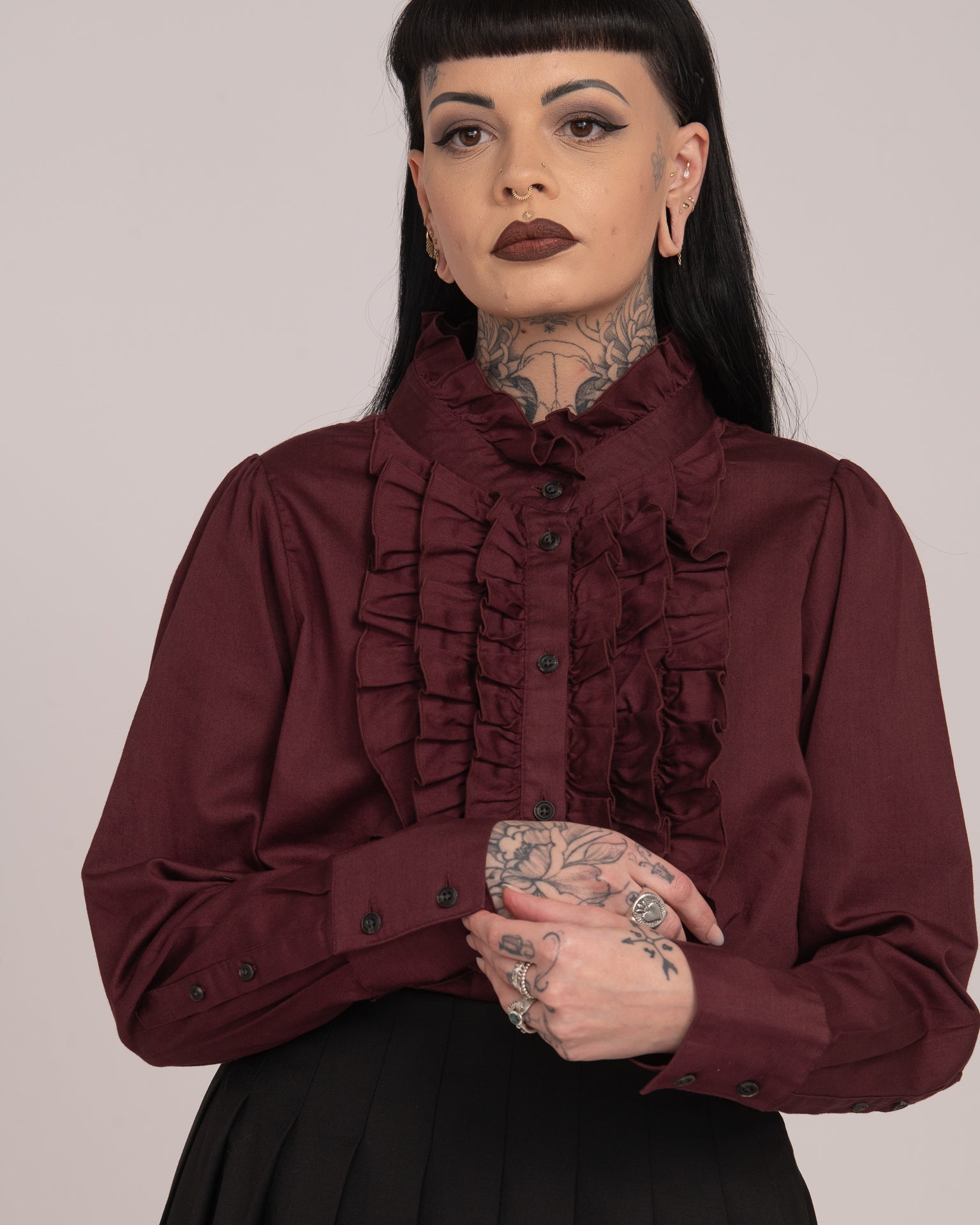 Cotton Sateen Frill Shirt - Wine