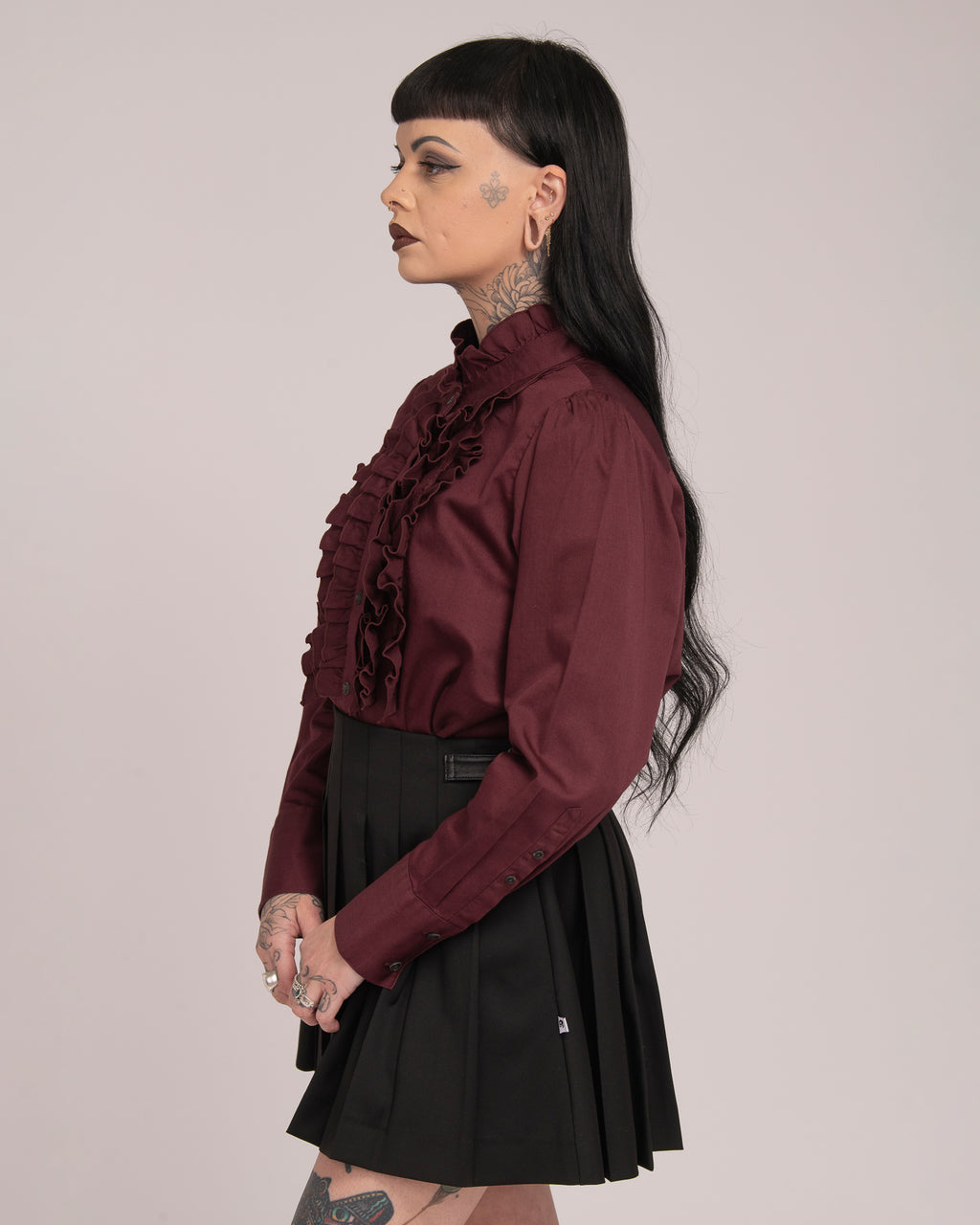 Cotton Sateen Frill Shirt - Wine