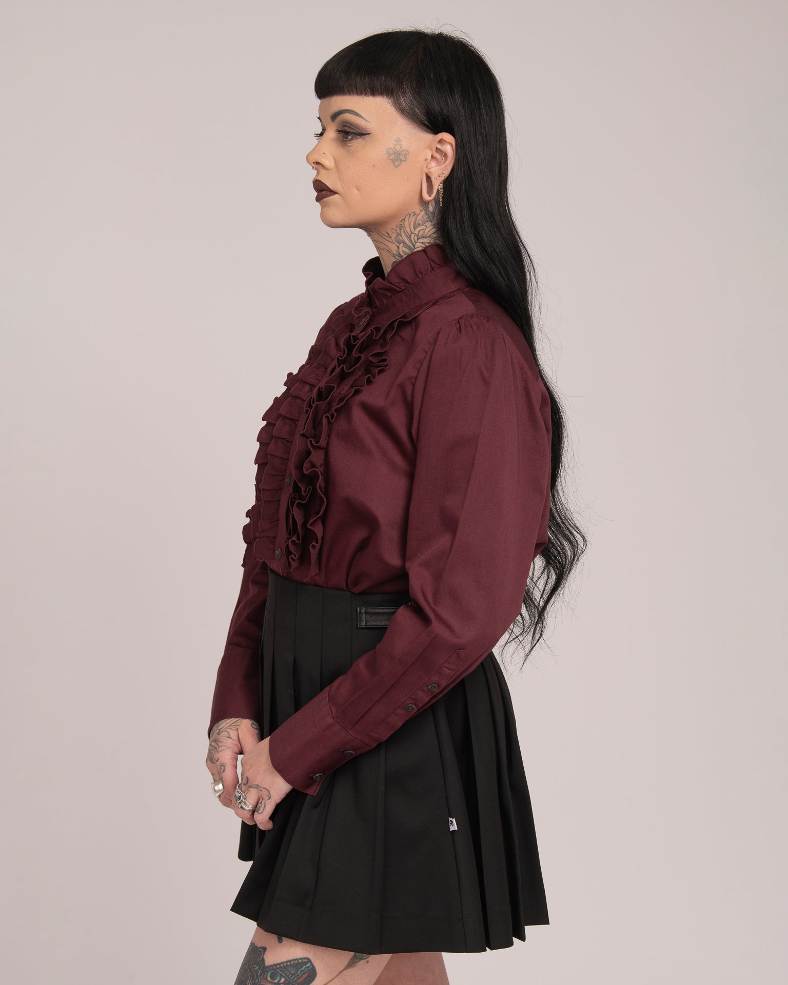 Cotton Sateen Frill Shirt - Wine