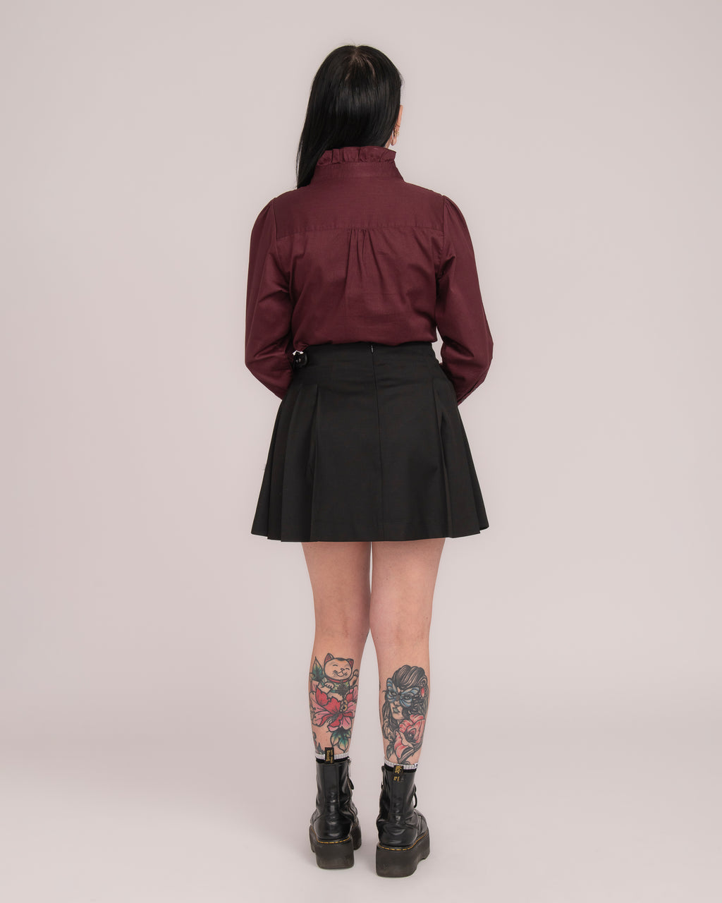 Cotton Sateen Frill Shirt - Wine