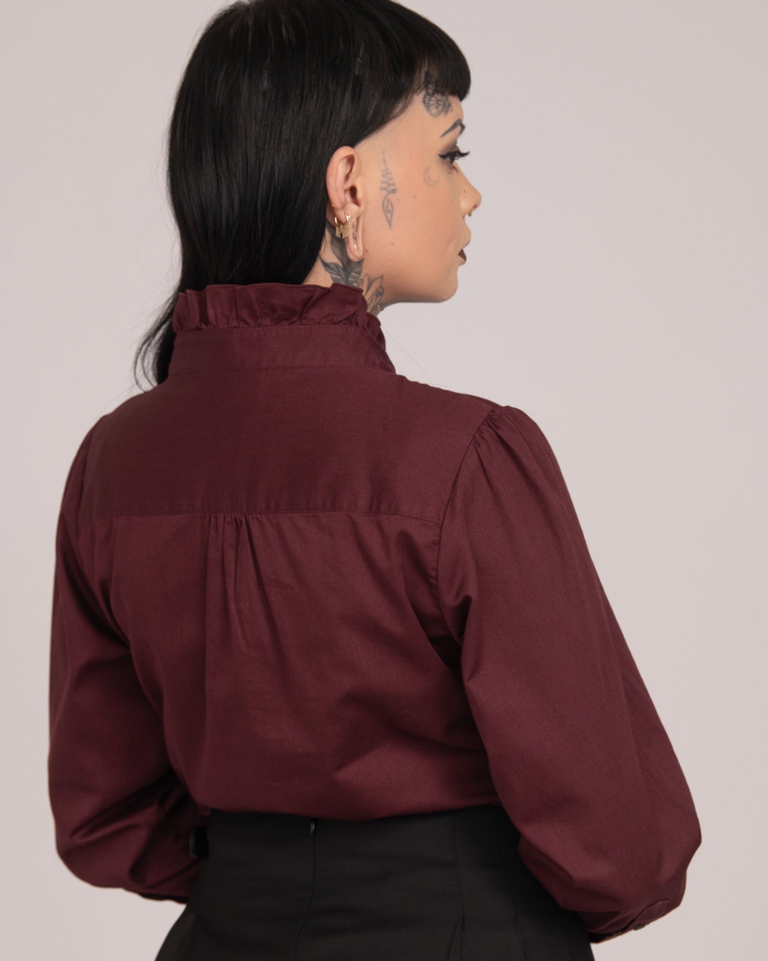 Cotton Sateen Frill Shirt - Wine