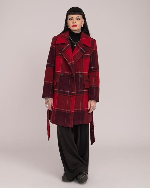 Double-Breasted Tartan Wool Coat - Merlot