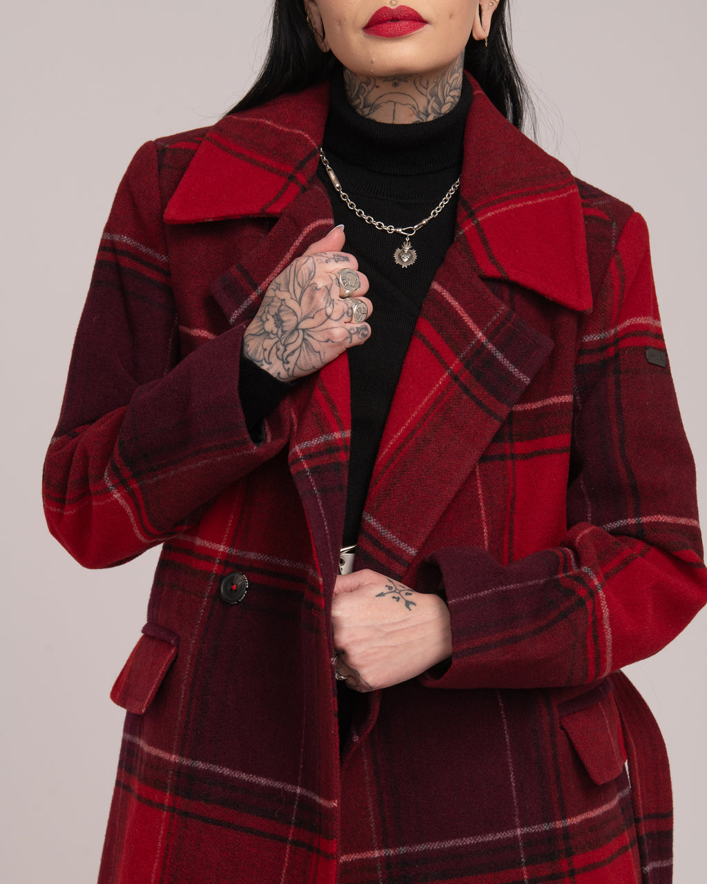 Double-Breasted Tartan Wool Coat - Merlot