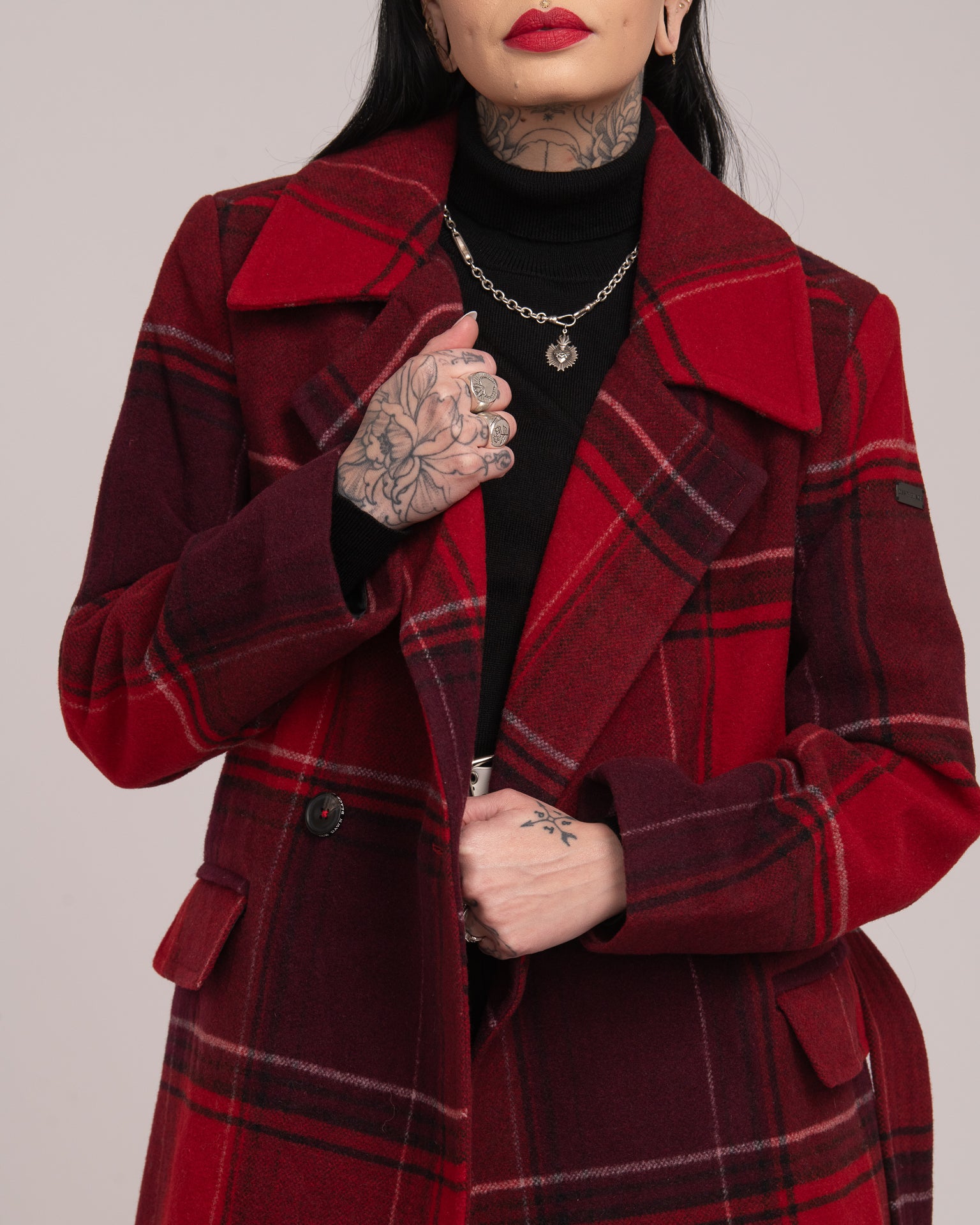 Double-Breasted Tartan Wool Coat - Merlot
