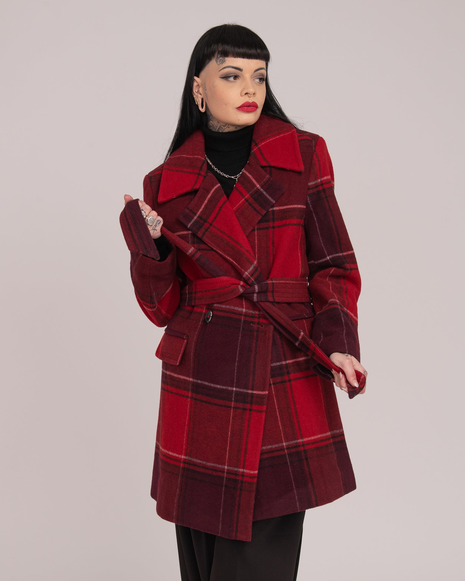 Double-Breasted Tartan Wool Coat - Merlot