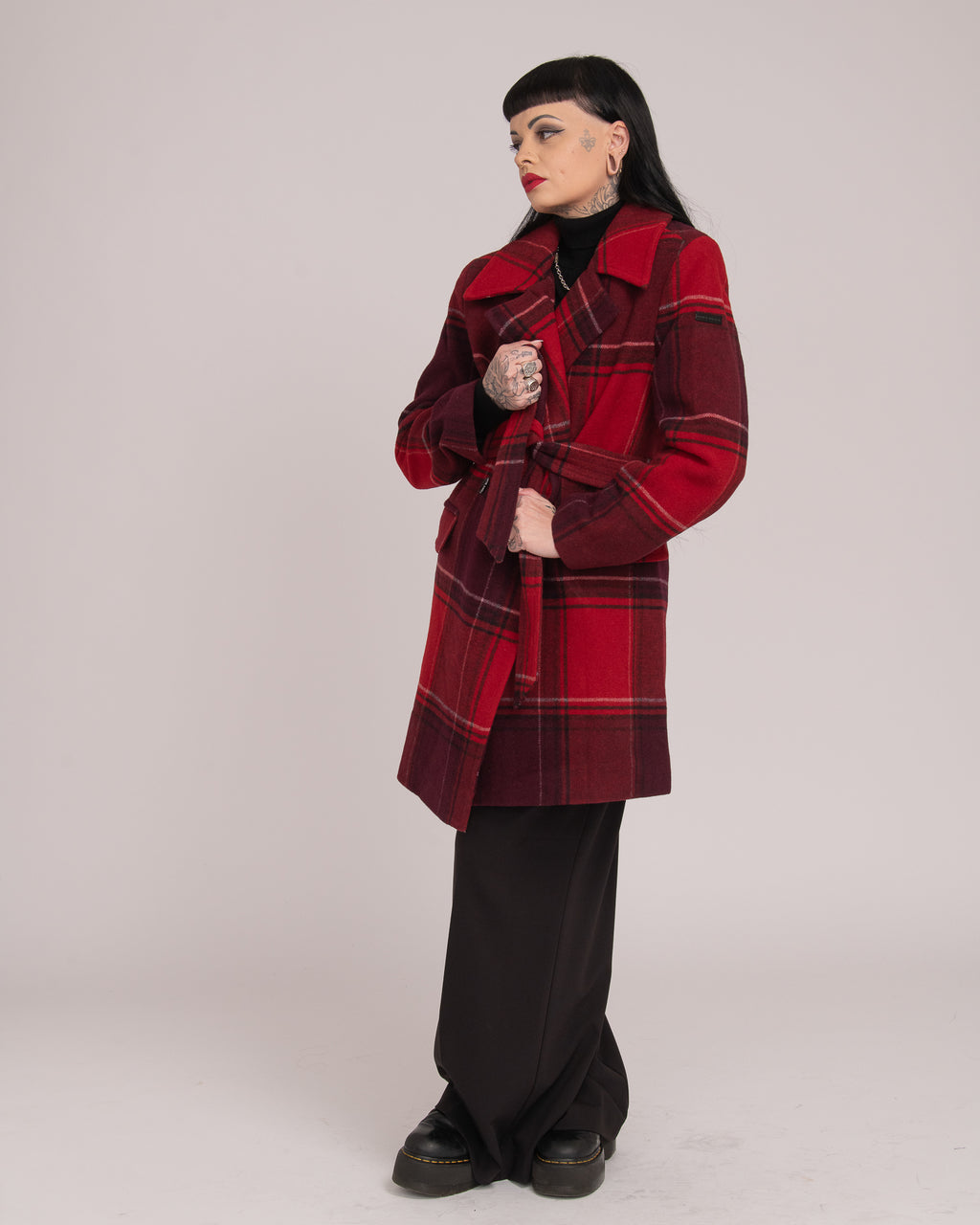 Double-Breasted Tartan Wool Coat - Merlot