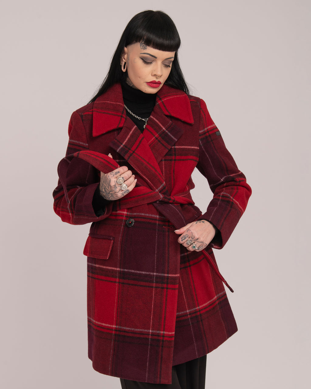 Double-Breasted Tartan Wool Coat - Merlot