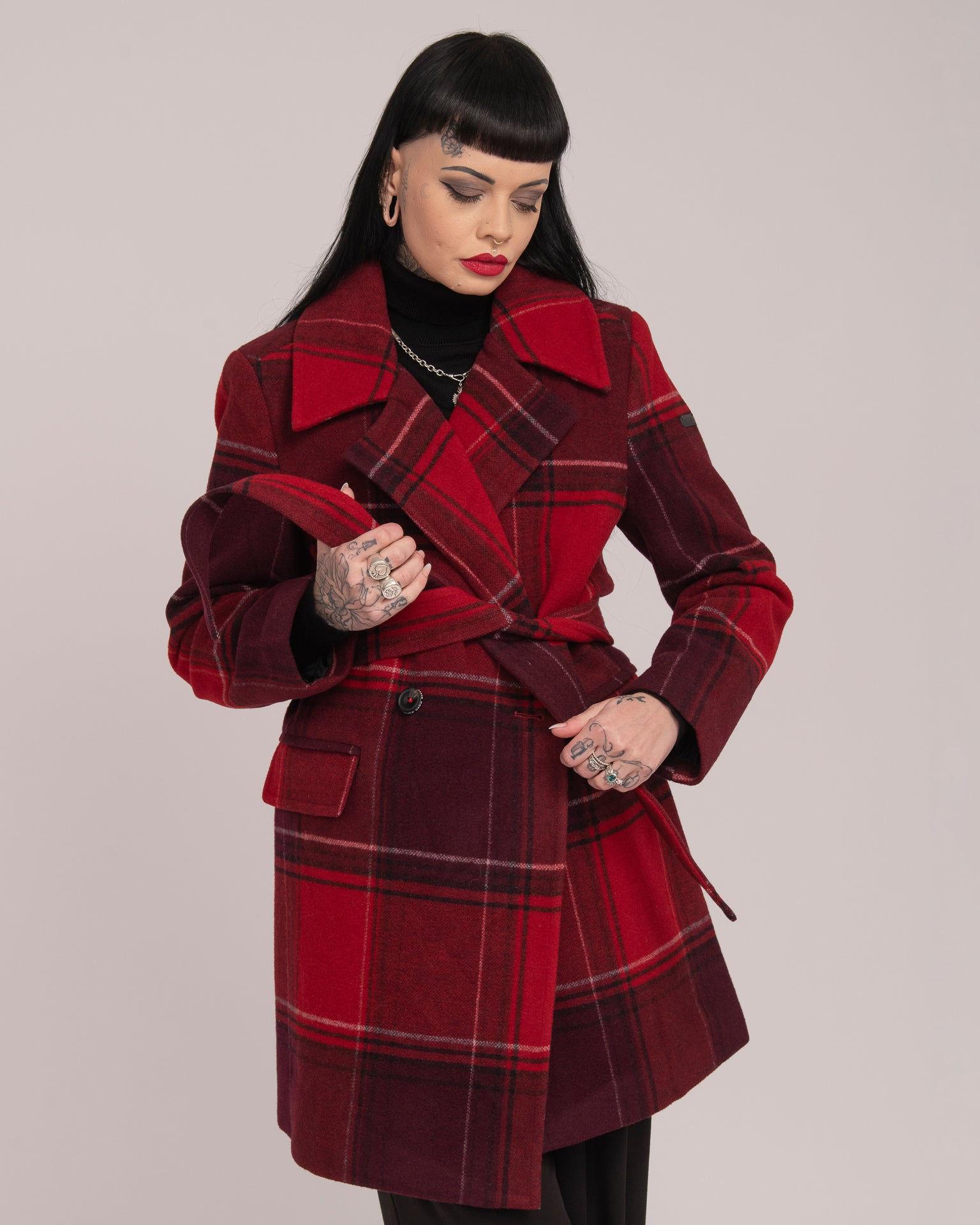 Double-Breasted Tartan Wool Coat - Merlot
