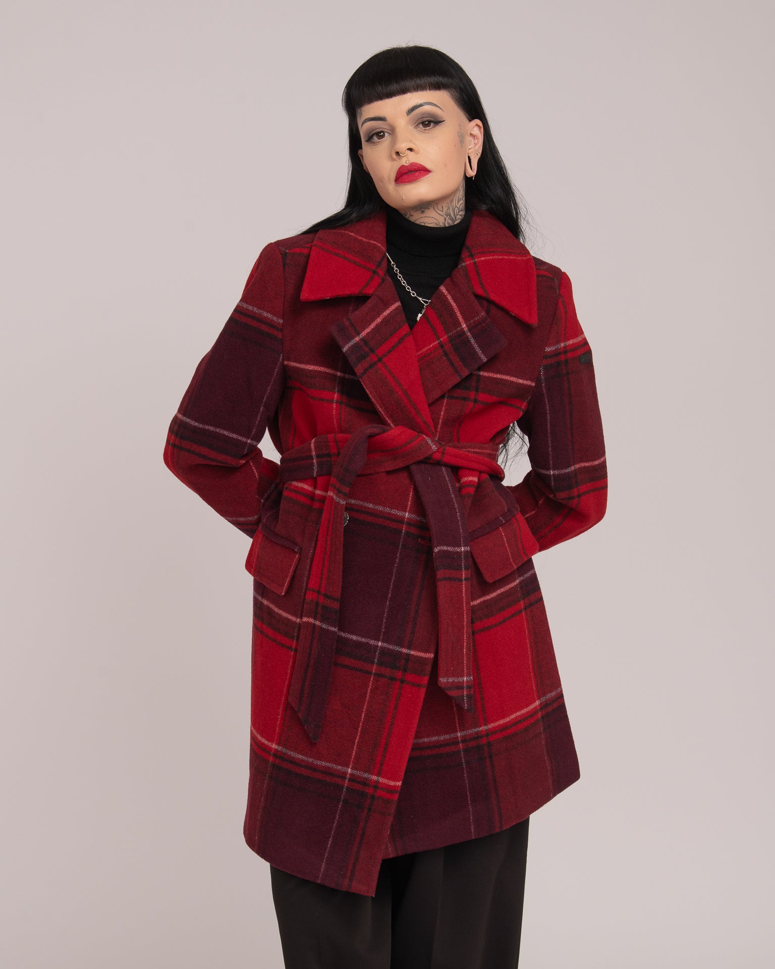 Double-Breasted Tartan Wool Coat - Merlot