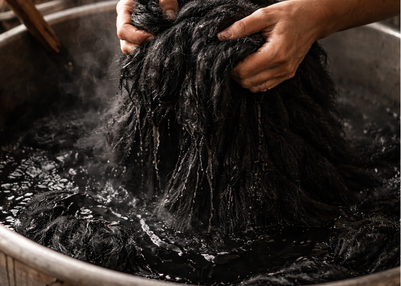 Person washing black wool in a large metal basin with steam rising, surrounded by rustic items.