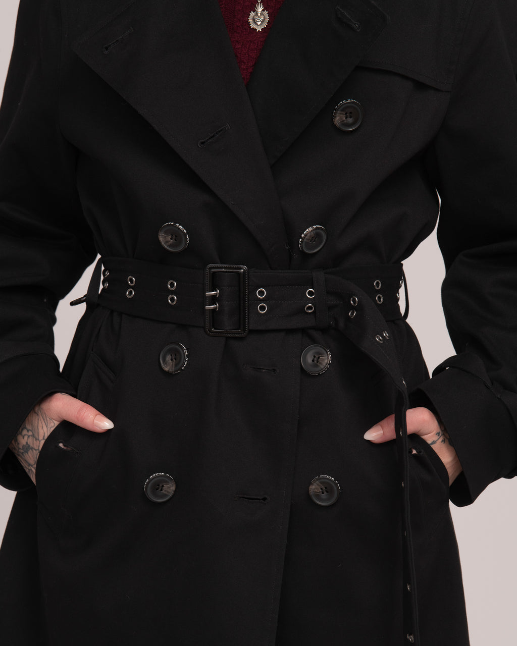 Eyelet Trench Coat - Black